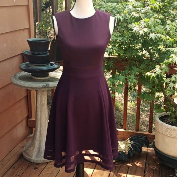 Calvin Klein Illusion Trim Fit and Flare Cabernet Sleeveless Dress - Picture 9 of 10